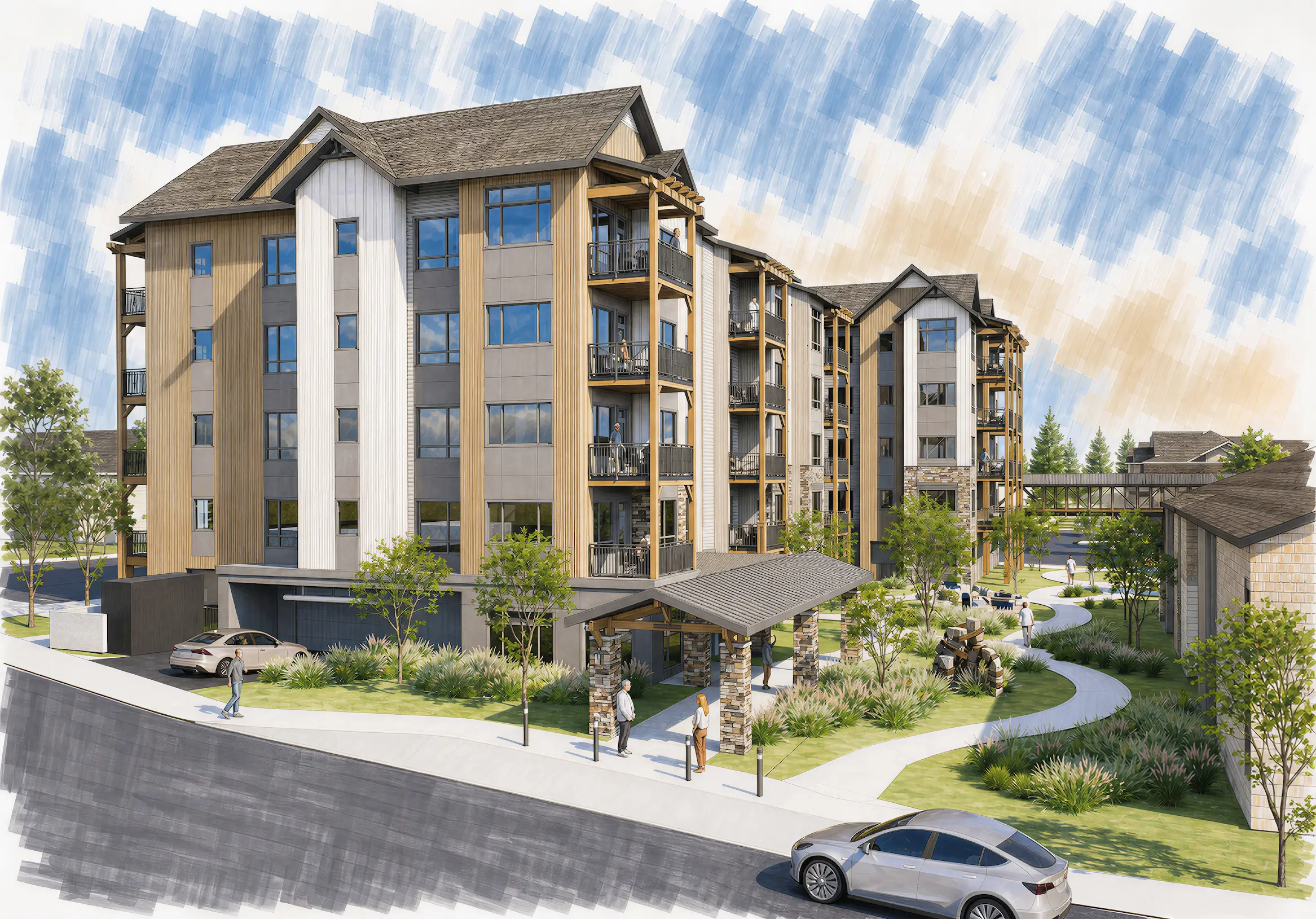 Architectural rendering of a five-story mountain-style apartment building with wood and white vertical siding, gabled shingle roofs, timber-framed balconies, and a stone-pillared entry canopy facing a landscaped courtyard.